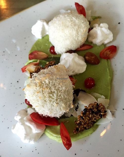 Delicious coconut and avocado appetizer at the start of a three course dinner. at Kopps in Berlin