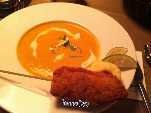 Pumpkin-lime soup with crispy fillet at Kopps in Berlin