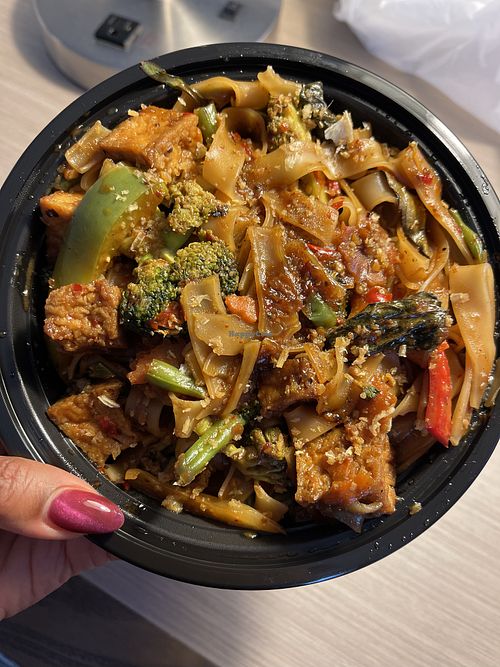 Pad Kee Mao with tofu, added garlic and broccoli. Made vegan (no oyster sauce)  at Thai Bistro & Sushi Bar in Mason City
