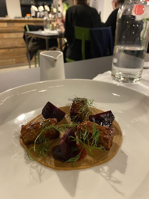 Second course from the vegetarian menu: tempeh and beetroot  at Mutty in Castiglione Delle Stiviere