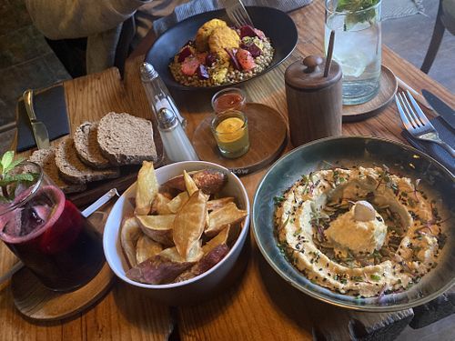 dinner with side dishes and lentil salad  at Mandala Society in Marrakech