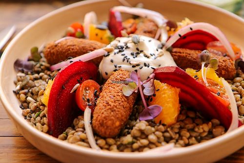lentils with falafels at Mandala Society in Marrakech
