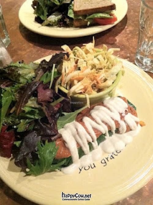 Raw enchilada with sprouted seed filling, spicy mole, cashew sour cream and scallions served with a spicy Mexican coleslaw and salad at cafegSC in Santa Cruz
