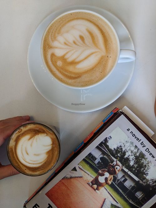 Oat milk cappuccino and soy milk cortado at Green Bean in Greensboro