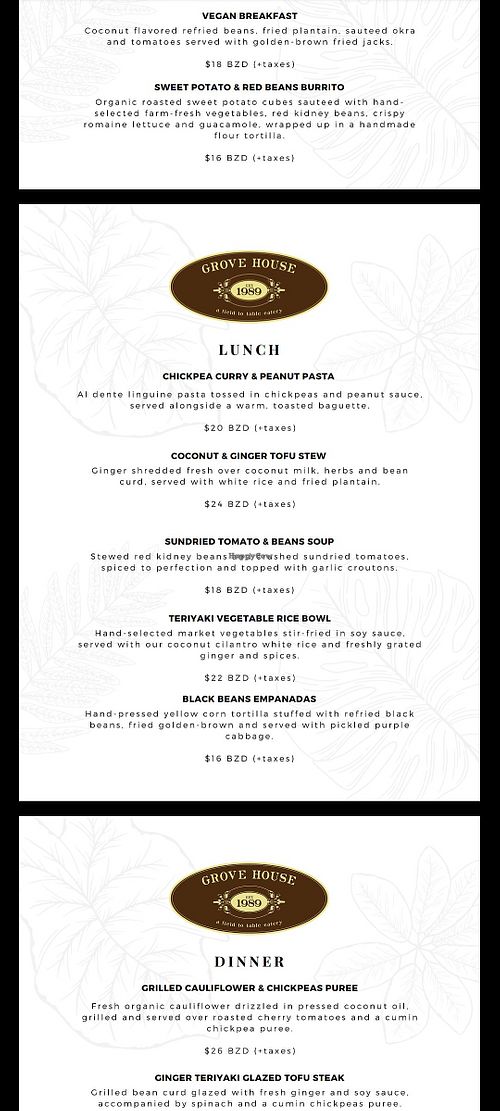 Vegan/vegetarian menu as of March 2022 at Grove House in Belmopan