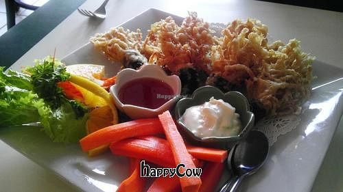 crispy enoki appetizer: enoki mushrooms and tofu wrapped in seaweed, served with tartar and sweet chili sauces and carrot sticks at Charm Vegan in South Pasadena