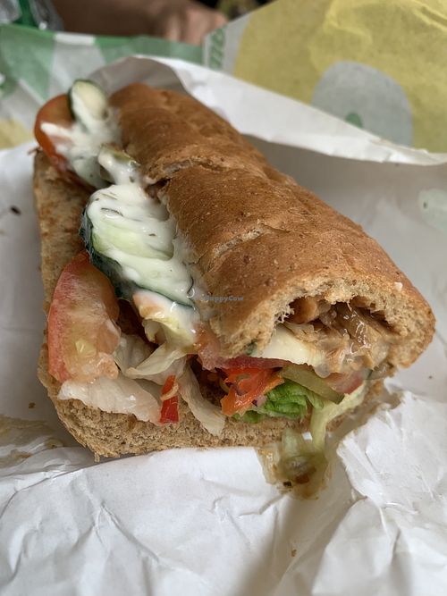 Tastes like chicken. Not opened for a few hours so got a big soggy!   at Subway in Sao Miguel