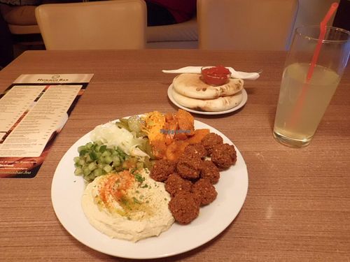 Falafel main dish with Hummus and salad, also home-made lemonade at Hummus Bar - Oktober in Budapest