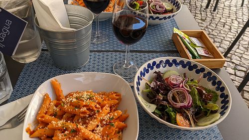 That is vegan cheese on the pasta, anda little piri-piri spice mixed in. The salad was simple, but good! at KISA'  in Lagos