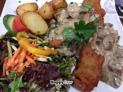 Seitan-Schnitzel ('Hunter Style') with roasted potatoes and salad at Ecco in Cologne