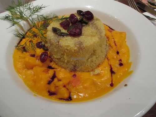 Quinoa with pumpkin-coconut sauce, dried cranberries, and pumpkin seeds at Ecco in Cologne