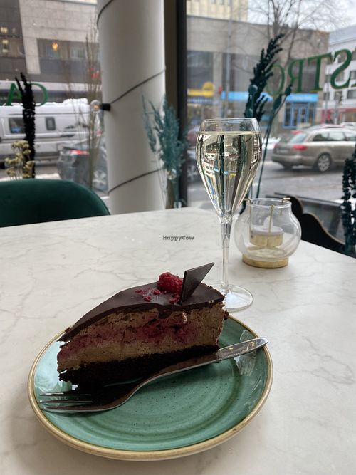 vegan chocolate raspberry cake  at Rebelle Cafe Bakery Bistro in Turku