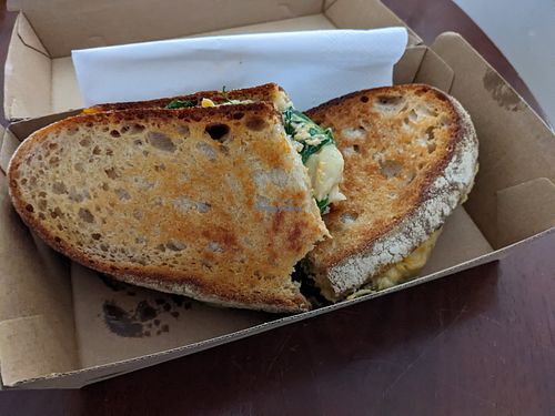 Mushroom and jalapenos toast (takeaway version) at Romesco Cafe in Wembley
