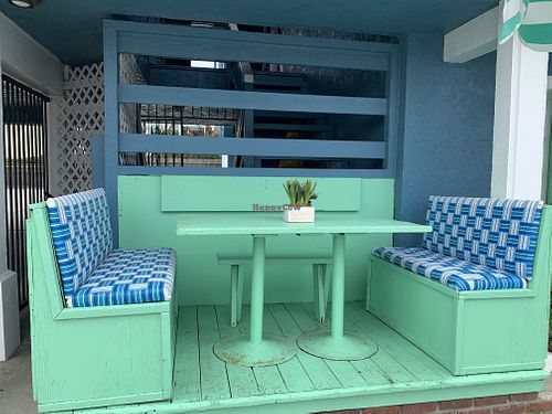 Close-up of outdoor booth  at La Jenelle Natural Cafe in Oxnard