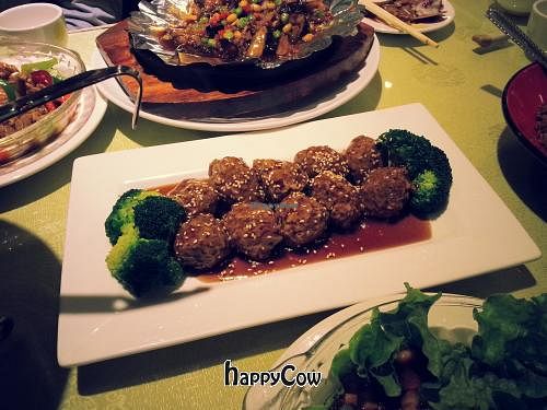 Meatballs and broccoli. at Fu Hui Ci Yuan Vegetarian Restaurant in Beijing