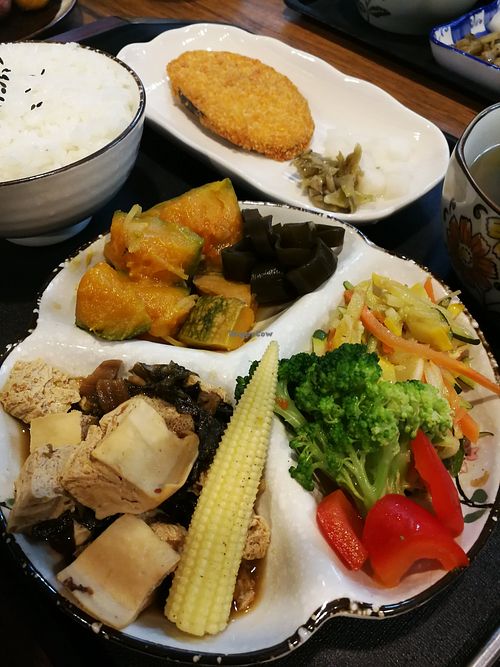 set meal of vegetables with mock fish, rice, tofu, pickles, and soup. at Amagi Queen - 天城女王 in Hualien