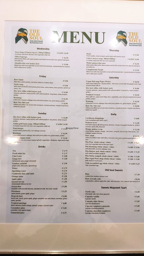 menu (changes weekly) at The Old Soul in Amsterdam