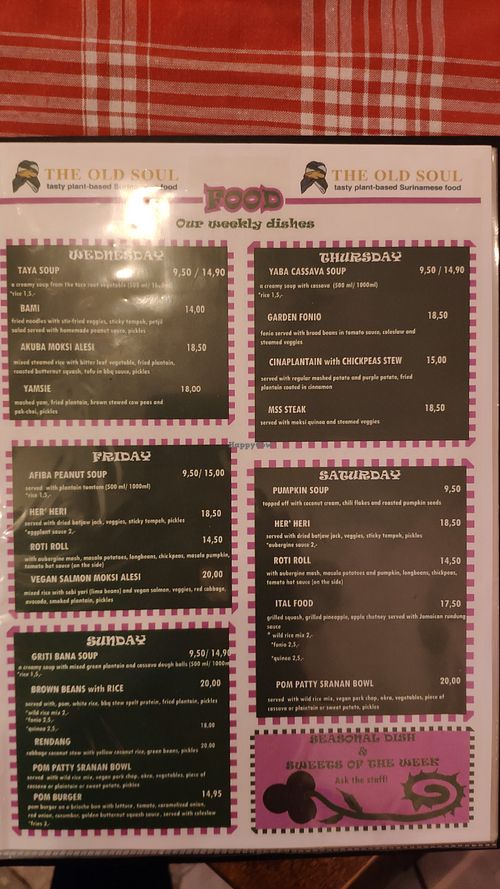 Menu of the week at The Old Soul in Amsterdam