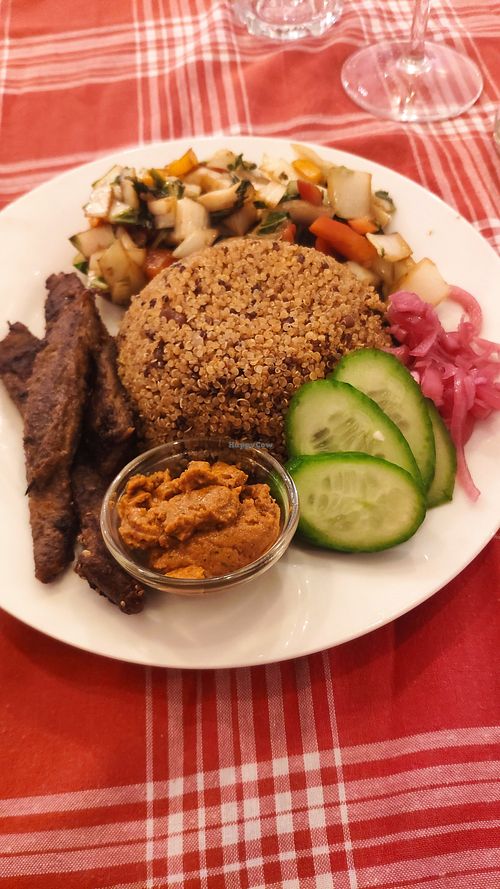 Seitan steak strips with quinoa and veggies at The Old Soul in Amsterdam