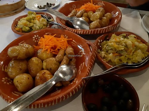 Soy sausages, roasted potatoes, saute legumes #Veganuary at Tasquinha Da Ponte in Amarante