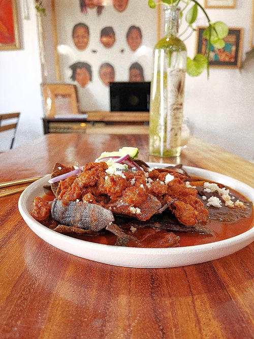 Vegan chilaquiles with Chorisoya and almond cheese and cream  at Hierba Santa in Tuxtla Gutierrez