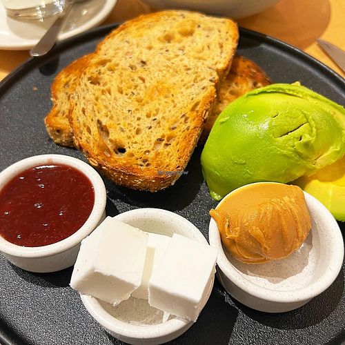 Sourdough toast with pb, jam, avocado, vegan feta. #Veganuary at Ten Square Cafe in Melbourne