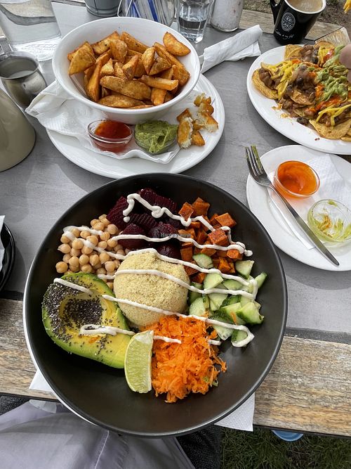 Buddha Bowl and Sweet Potato wedges  at Riverbank of Queanbeyan Cafe in Queanbeyan