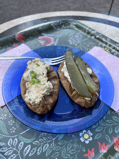 Eggless butter and pickle Karelian pies  at Kahvila Rakastan in Helsinki