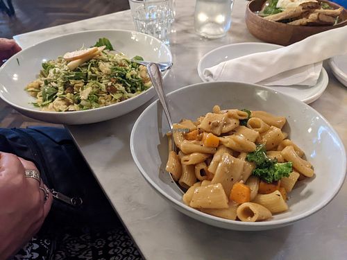 Butternut squash pasta and shredded Brussels sprouts salad at Massilia in Santa Monica