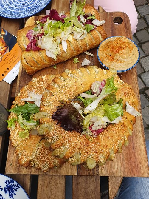 Vegan sausage rolls and potato filled pastry at The Pie Project in Odense