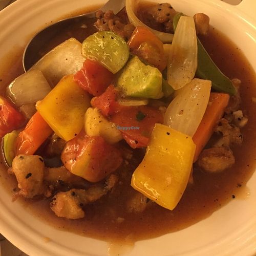 Sweet and sour tempura battered mushrooms  at May Veggie Home in Bangkok