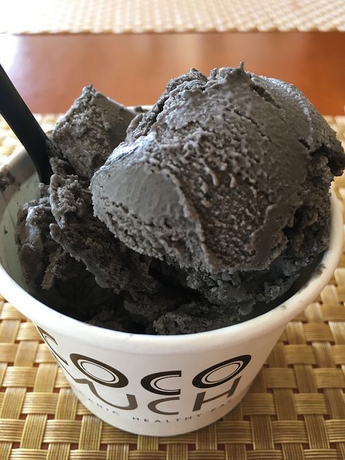 Black sesame ice cream (coconut based) at May Veggie Home in Bangkok