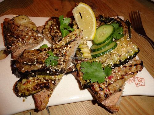 Grilled eggplant, zuchini with tahini sauce on bread at Le Pain Quotidien - Philip Stockstraat in Bruges