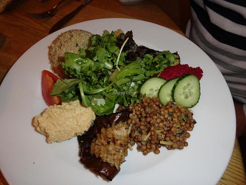 Plate of hummus, lentils, grilled eggplant, salad, quinoa and beetroot cream at Le Pain Quotidien - Philip Stockstraat in Bruges