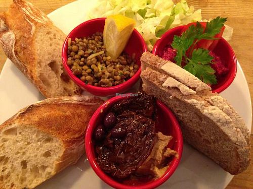 Lentils with lemon zest, beetroot cream, tahini spread, sun dried tomatoes, olives, lettuce, and lots of bread. Very delicious!  at Le Pain Quotidien - Philip Stockstraat in Bruges