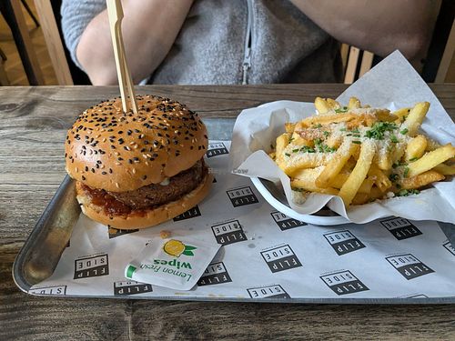 The Rebel burger, vegetarian version & garlic parmesan fries at Flipside in Sligo