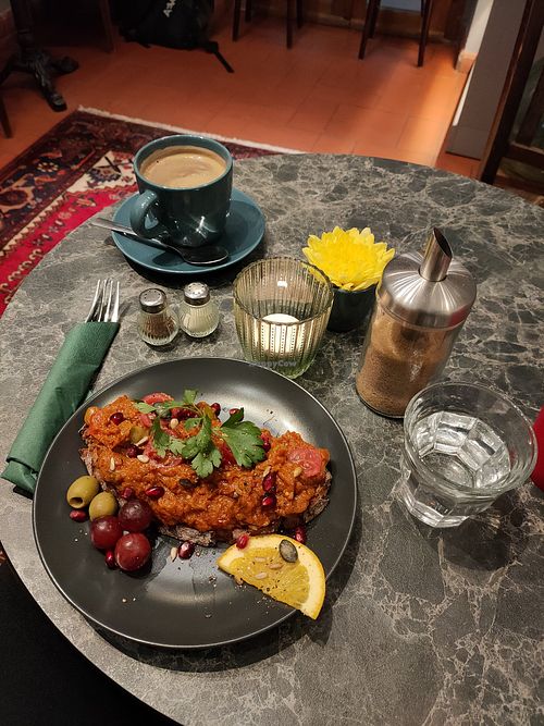 Amazing roast aubergine and olive on brown bread at Café Camus in Bonn