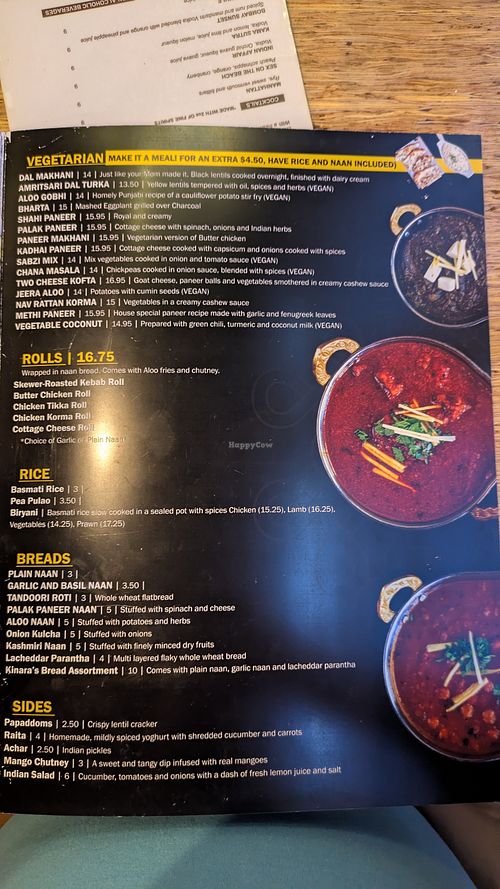 The only options marked vegan are on this page. Some vegetarian options can be made vegan upon request at Kinara Indian Cuisine in Vancouver