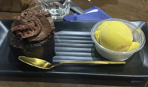 Vegan Chocolate Cake with Mango Sorbet  at Sandi's on Magnetic Island in Magnetic Island