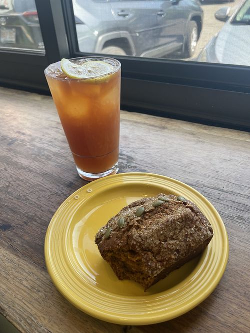 Pumpkin loaf and Tea-ade  at Forge Baking Company in Somerville