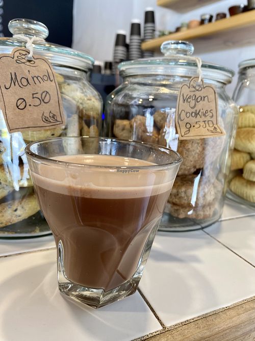 Vegan hot chocalate and cokies  at Frankfurter Supermarket & Cafe in Madaba