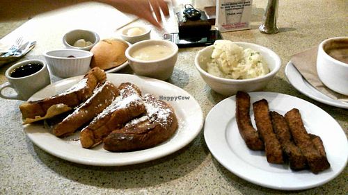 French toast, tempeh bacon, mashed potatoes, gravy, and a biscuit  at Mother's Market Kitchen in Brea