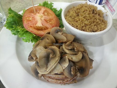Jaime's amazing burger with added mushrooms and a side of lemon quinoa. at Mother's Market Kitchen in Irvine