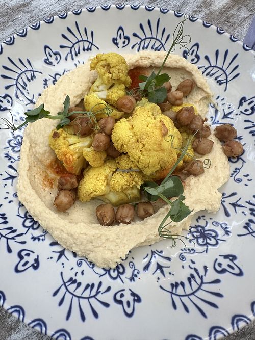 Cauliflower chickpeas humous  at Boaty's Tapas Café in Praia Da Luz