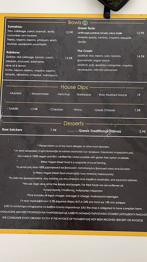 Updated menu  at Rhino Vegan Beat in Mykonos