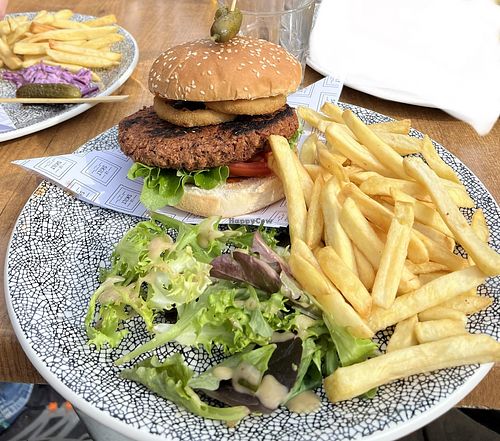 Vegan burger with fried onions, sweet and sour mayo, tomato, lettuce, and a small salad and some fried on the side!   at Le Skilt in Les Belleville