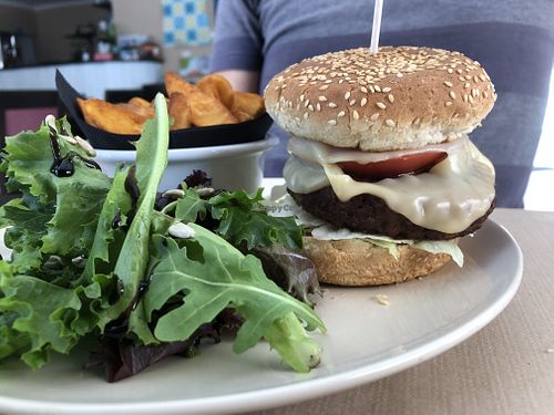 O americano - “heura” burger with French fries and salad   at Cajual Vegan Foodsters in Loule