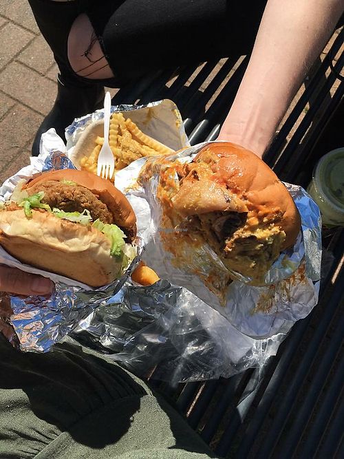 The chicken burger and the bacon cheese burger. at Loving Hut Express - Food Cart in Vancouver