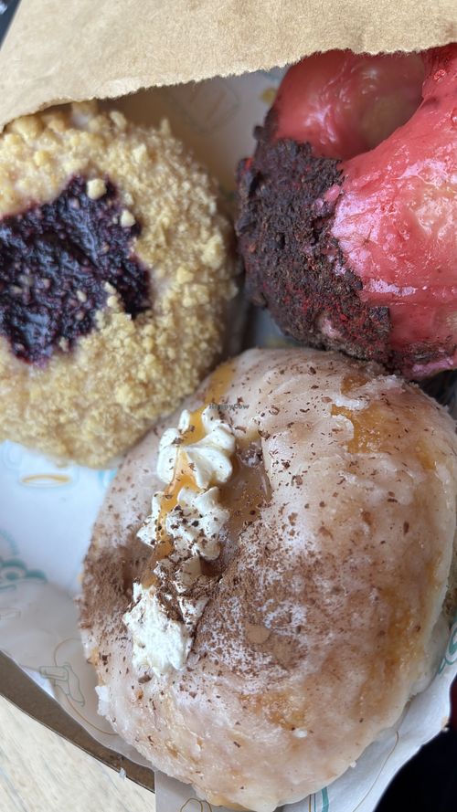 Lemon and rhubarb crumble, banoffe and a ring donutt  at Belén Vegan Bakery in Wellington