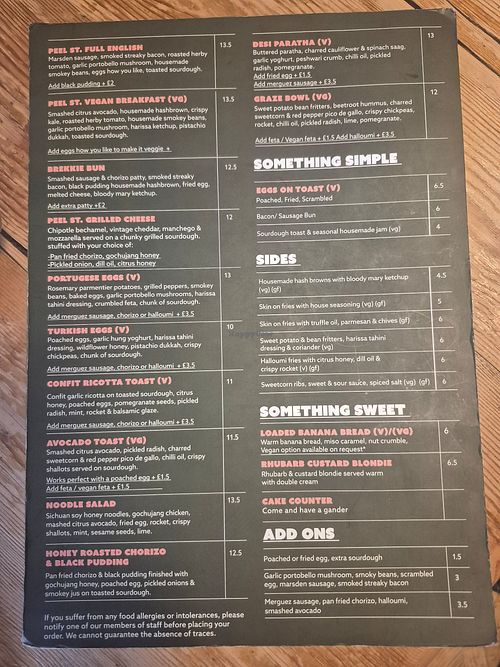 Brunch menu at Peel Street Social in Marsden